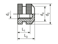 Technical drawing with dimensions of Q - Threaded inserts for insertion form Q knurled without shoulder, with threaded blind hole, for thermoplastics and thermosets