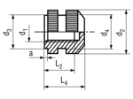 Technical drawing with dimensions of S - Threaded inserts for insertion form S knurled with shoulder, with threaded blind hole, for thermoplastics and thermosets
