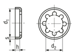 Technical drawing with dimensions of Dubo® - Toothed lock washers for Dubo® rings