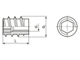 带尺寸的技术图：Rampa® SK - 攻自切式螺纹嵌套 无头，带内六角槽，用于硬木材