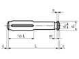 Technical drawing with dimensions of Grooved pins type C, half length grooved with gorge