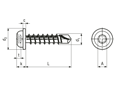 Technical drawing with dimensions of ecosyn® MRX SOS - Octagon (8 Lobe) pan head self-drilling screws with flange
