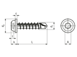 Technical drawing with dimensions of ecosyn® MRX SOS - Octagon (8 Lobe) pan head self-drilling screws with flange