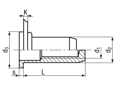 Technical drawing with dimensions of TUBTARA® UPX (UT/FEFG) - Blind rivet nuts flat head, round shank, closed end