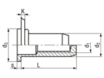 Technical drawing with dimensions of TUBTARA® UPX (UT/FEFG) - Blind rivet nuts flat head, round shank, closed end