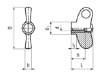 带尺寸的技术图：ELESA® Ergostyle EWN. - 蝶形螺母 带铜质嵌件和螺纹通孔