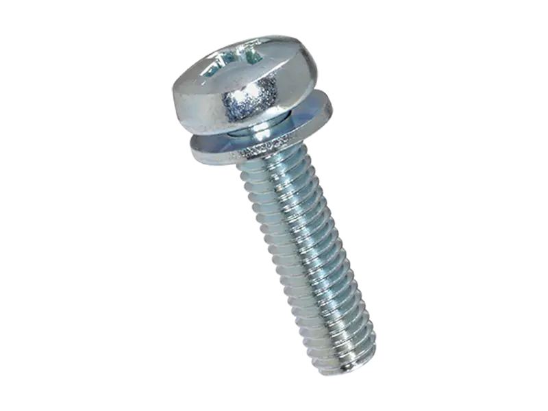 Product image of Phillips pan head assembled (SEMs) screws form H, with captive flat washer DIN 6902 A