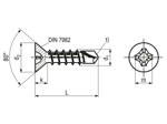 带尺寸的技术图：ecosyn® drill P - 十字槽沉头自钻自攻螺钉 H型十字槽