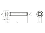 Technical drawing with dimensions of Hex socket head cap screws fully threaded