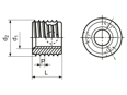 Technical drawing with dimensions of Ensat® SBS 337/338 - Self-cutting thread inserts with chip reservoir, for light metals, thermoplastics and thermoset plastics