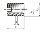 Technical drawing with dimensions of Ensat® S 302 - Self-cutting thread inserts with cutting slot, for light metals, thermoplastics and thermoset plastics