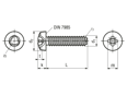 Technical drawing with dimensions of Pozi pan head thread forming screws type C, form Z, metric thread