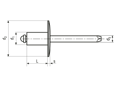 Technical drawing with dimensions of POP® TAPD...BSLF - Blind rivets Standard large head
