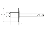 Technical drawing with dimensions of POP® TAPD...BSLF - Blind rivets Standard large head