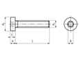 Technical drawing with dimensions of Hexalobular (6 Lobe) socket cheese head screws with low head, fully threaded