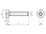 Technical drawing with dimensions of Hexalobular (6 Lobe) socket cheese head screws with low head, fully threaded