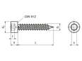 Technical drawing with dimensions of Hex socket head cap tapping screws with cone end type C