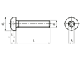 Technical drawing with dimensions of Hexalobular (6 Lobe) socket pan head machine screws fully threaded