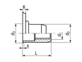 Technical drawing with dimensions of TUBTARA® UKO (UT/FEKS) - Blind rivet nuts small countersunk head, round shank, open end