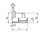 Technical drawing with dimensions of TUBTARA® UKO (UT/FEKS) - Blind rivet nuts small countersunk head, round shank, open end