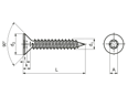 Technical drawing with dimensions of Hexalobular (6 Lobe) socket flat head countersunk tapping screws with cone end type C