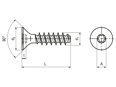 Technical drawing with dimensions of EJOT PT® - Flat countersunk head screws with hexalobular socket Torx plus® / Autosert®