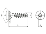 Technical drawing with dimensions of EJOT PT® - Flat countersunk head screws with hexalobular socket Torx plus® / Autosert®