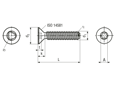 Technical drawing with dimensions of Hexalobular (6 Lobe) socket flat countersunk head thread forming screws ~type M, metric thread