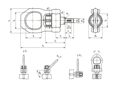 Technical drawing with dimensions of HALDER EH 22353. - Threaded lifting pins self locking, with rotatable shackle