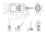 Technical drawing with dimensions of HALDER EH 22353. - Threaded lifting pins self locking, with rotatable shackle