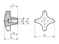 Technical drawing with dimensions of Star knobs nodular cast iron, deburred and sandblasted DIN 6335 C with reamed blind hole