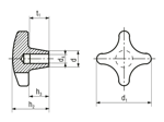Technical drawing with dimensions of Star knobs nodular cast iron, deburred and sandblasted DIN 6335 C with reamed blind hole