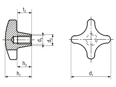 Technical drawing with dimensions of Star knobs with steel hub, tapped blind hole