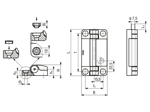 Technical drawing with dimensions of ELESA® CFSW-F-A - Hinges with built-in safety multiple switch 2 or 5 m cable, 8 conductors, top axial output