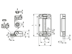 Technical drawing with dimensions of ELESA® CFSW-F-C - Hinges with built-in safety multiple switch 2 or 5 m cable, 8 conductors, bottom axial output