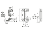Technical drawing with dimensions of ELESA® CFSW-F-B - Hinges with built-in safety multiple switch 2 or 5 m cable, 8 conductors, back output