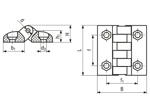 Technical drawing with dimensions of ELESA® CFTX-SH - Hinges with pass-through holes for countersunk head screws