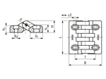 Technical drawing with dimensions of ELESA® CFA-SL-H - Hinges with pass-through slotted holes for horizontal adjustments