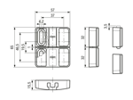 Technical drawing with dimensions of ELESA® BMST - Snap door lock for T-slot profile for pull opening of doors