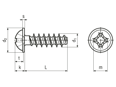 Technical drawing with dimensions of EJOT PT® - Pan head screws with pressed washer with Phillips cross recess form H
