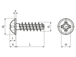 Technical drawing with dimensions of EJOT PT® - Pan head screws with pressed washer with Phillips cross recess form H