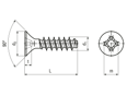 带尺寸的技术图：EJOT PT® - 沉头螺钉 带H型十字槽