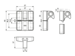 Technical drawing with dimensions of ELESA® BMST.L - Snap door lock for T-slot profile for pull opening by means of lifting lever