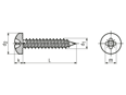 Technical drawing with dimensions of Pozi pan head tapping screws form Z, with cone end type C