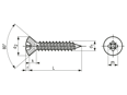 Technical drawing with dimensions of Pozi oval countersunk head tapping screws form Z, with cone end type C