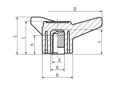 Technical drawing with dimensions of ELESA® VB.639 - Three-arm knobs with metal boss black-oxide steel boss, plain blind hole