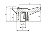 Technical drawing with dimensions of ELESA® VB.639 - Three-arm knobs with metal boss black-oxide steel boss, plain blind hole