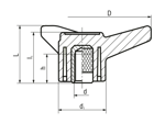 Technical drawing with dimensions of ELESA® VB.639 - Three-arm knobs with metal boss brass boss, tapped blind hole