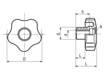 Technical drawing with dimensions of ELESA® VCT. - Lobe knobs with brass boss and tapped through-hole