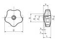 Technical drawing with dimensions of ELESA® VC.253 - Lobe knobs shortened series, with black-oxide steel boss and tapped through-hole
